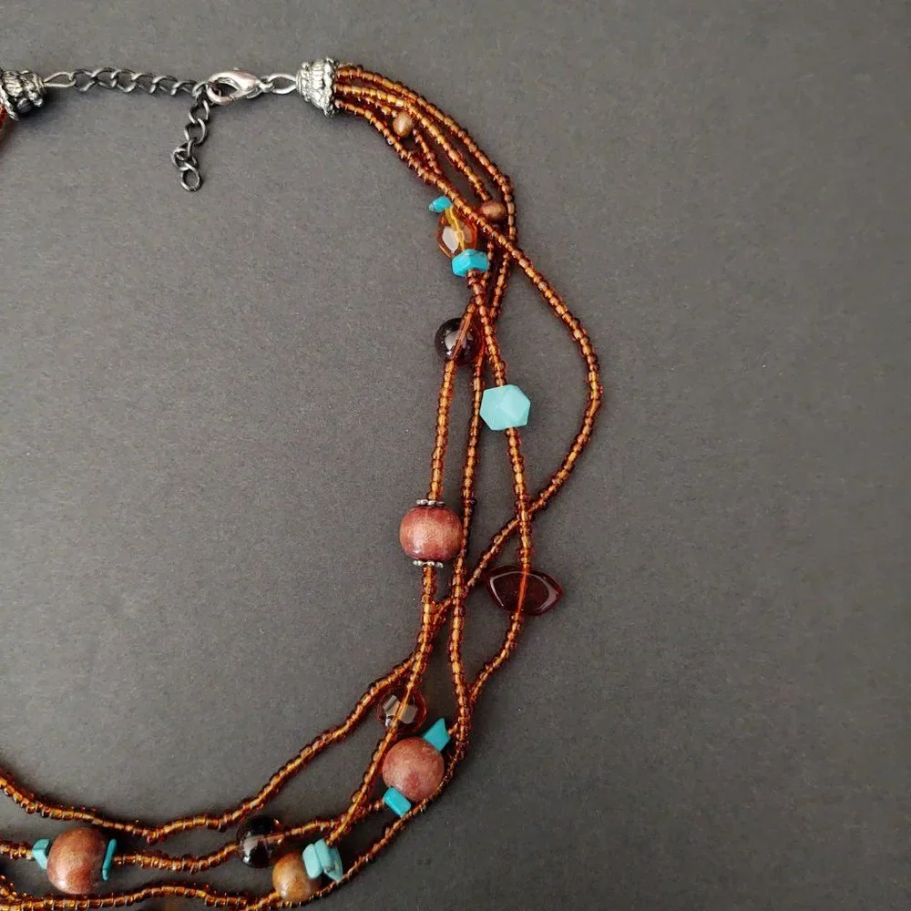 Amber and blue tones-seed bead and wood bead multi strand necklace